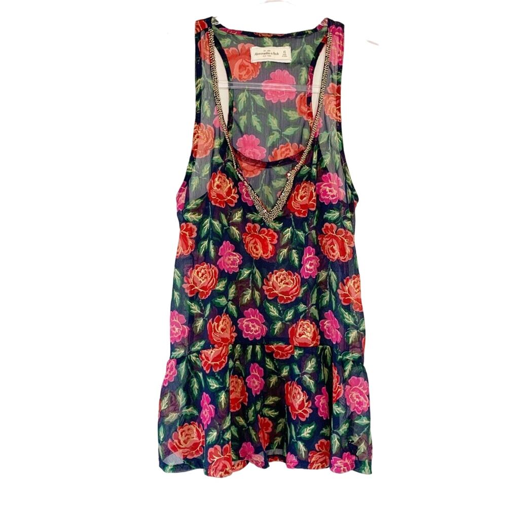 ABERCROMBIE & FITCH Floral Beaded Sleeveless Tank Top Sheer Multicolor Size XS